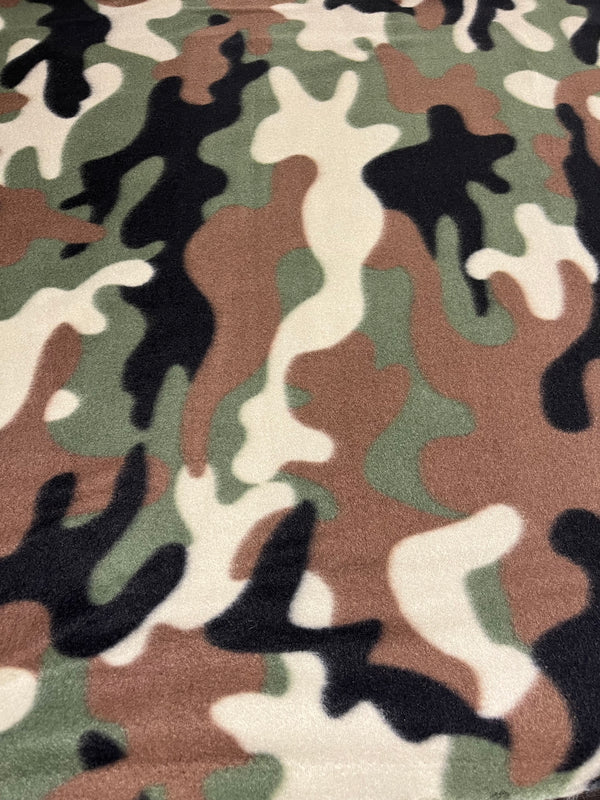 Camouflage fleece.   58” wide, 100% polyester and $6.99 per yd.