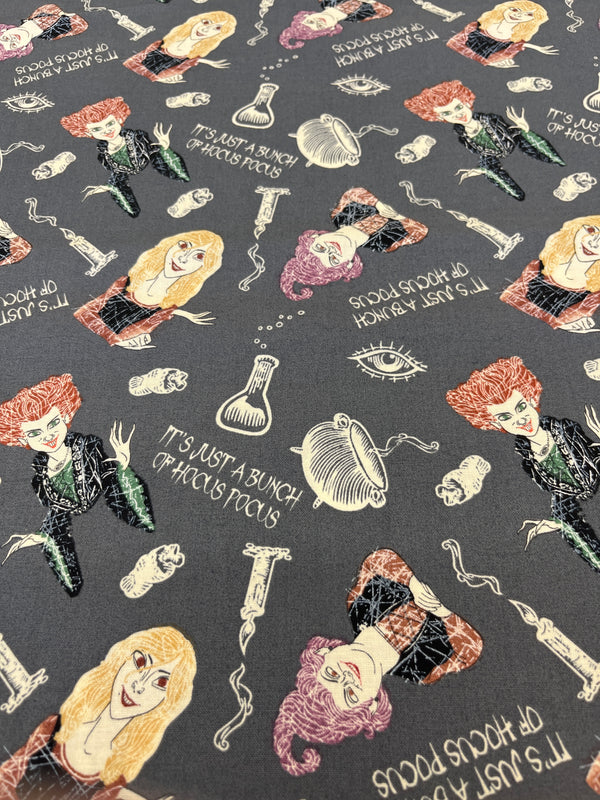 Witchcraft potions-by springs creative.   Grey background, 100% cotton, 44”wide and $4.99 per yd.