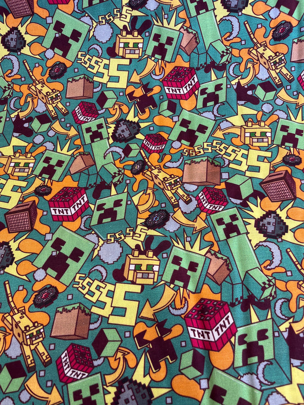 Action Minecraft blast-100% cotton, 44” wide and $4.99 per yd.