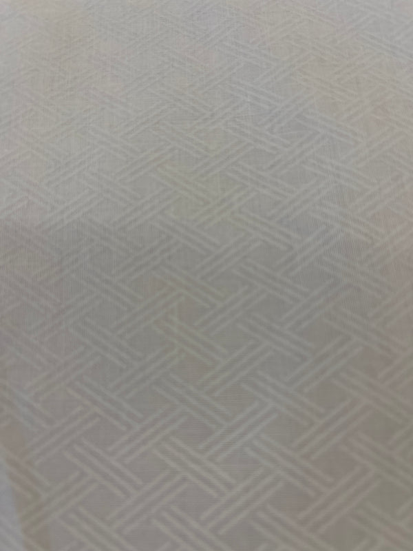 White on white lattice (c) quilting cotton.  108” wide, 100% cotton and $9.99.