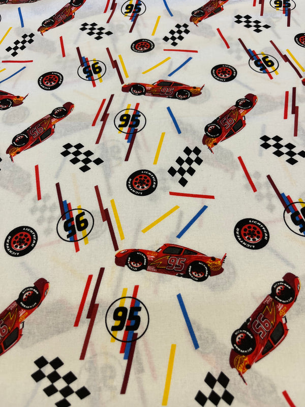 McQueen tire toss-100% cotton, 44” wide and $4.99 per yd.