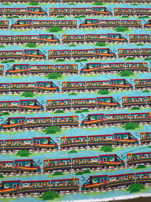 Train to the Zoo on Teal Cotton - 44/45" Wide - 100% Cotton sec ST