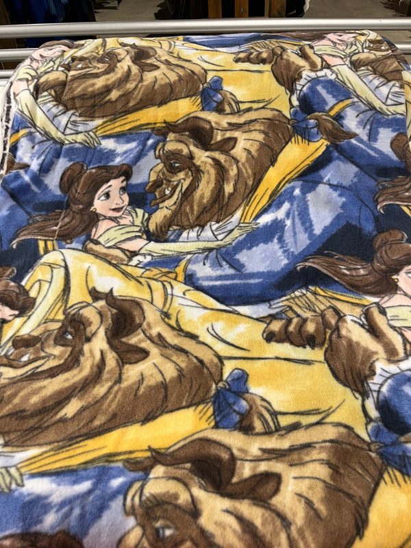 Beauty and the beast. 58” wide, 100% polyester fleece and $6.99 per yd.