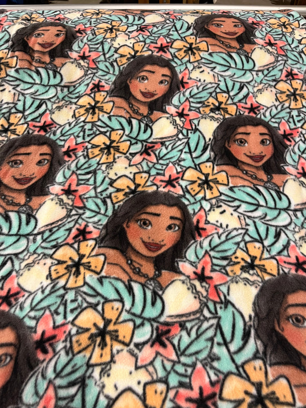 Moana island vibes.  58” wide, 100% polyester fleece, and $6.99 per yd.