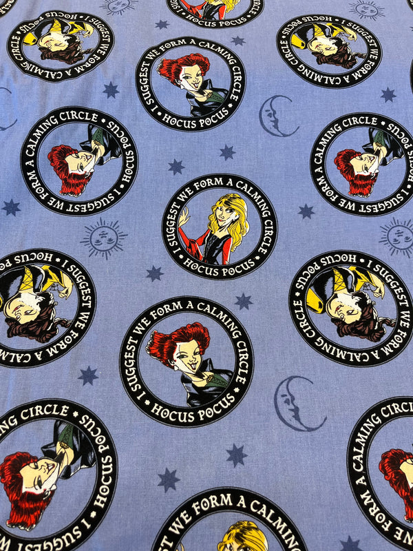 Hocus Pocus Badges-100% cotton, 44” wide and $4.99 per yd.  Periwinkle blue background.