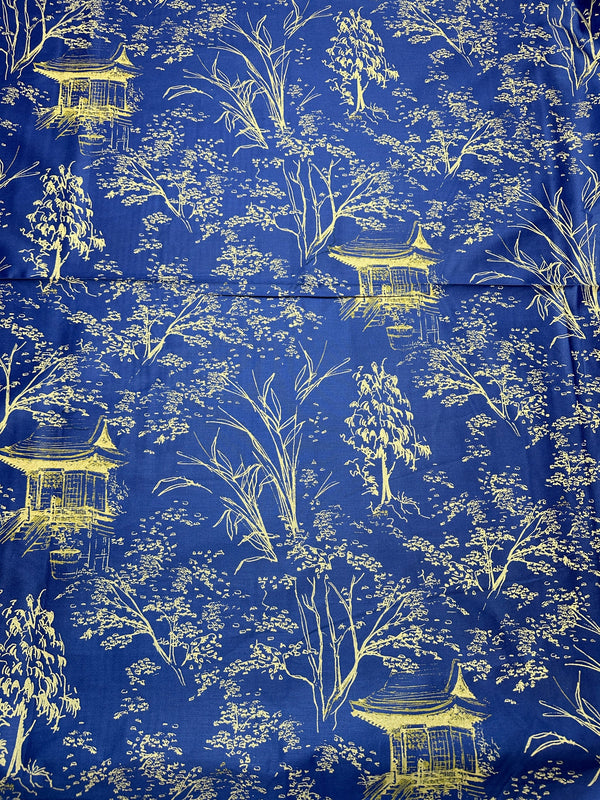 Japanese Pagoda Trees on Blue Cotton - 43/44" - 100% Cotton