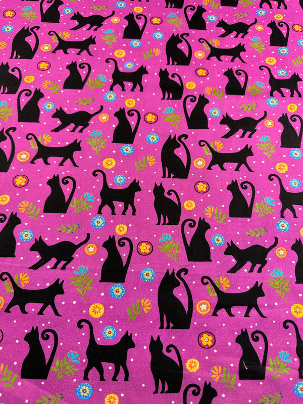 Black Cats Purple Cotton Fabric - Halloween - 44/45" Wide - 100% Cotton