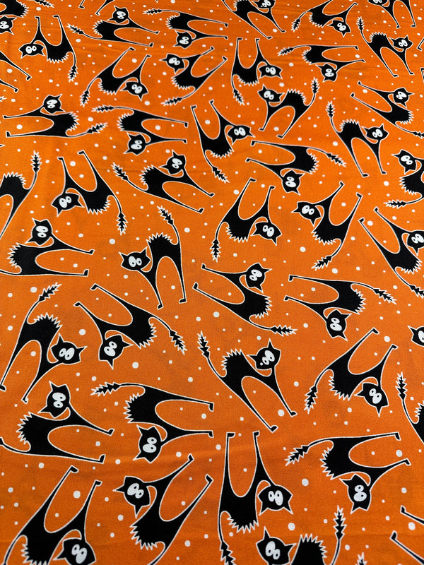 Black Cats on Orange Cotton Fabric - Halloween - 44/45" Wide - 100% Cotton