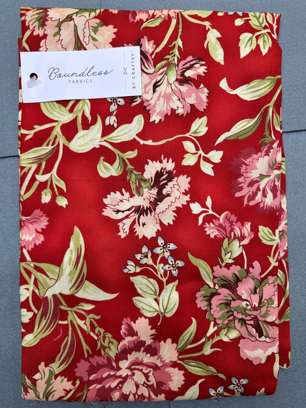 Boundless Fabrics - Main Floral Red - 1 yard Pre-Cut - 44/45" Wide - 100% Cotton
