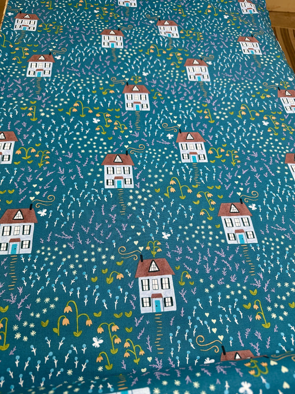 Bungalow Teal Little House - Cotton Fabric - 44/45" Wide - 100% Cotton - sec5