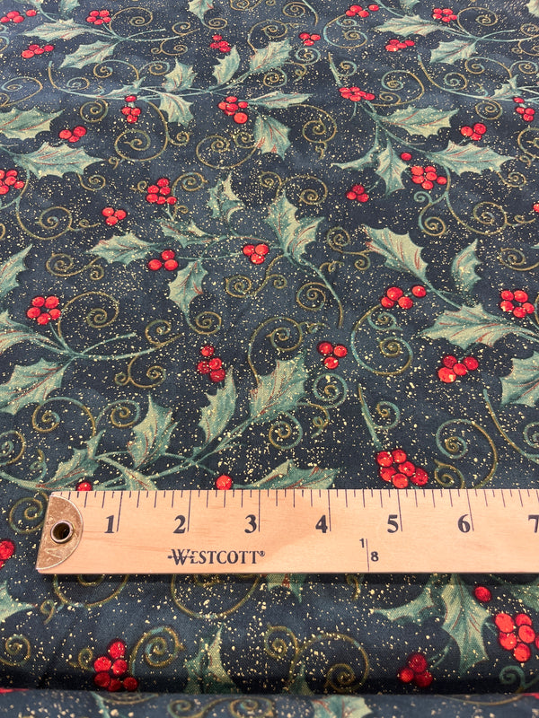 Holly vine scroll metallic-100% cotton, 44” wide.