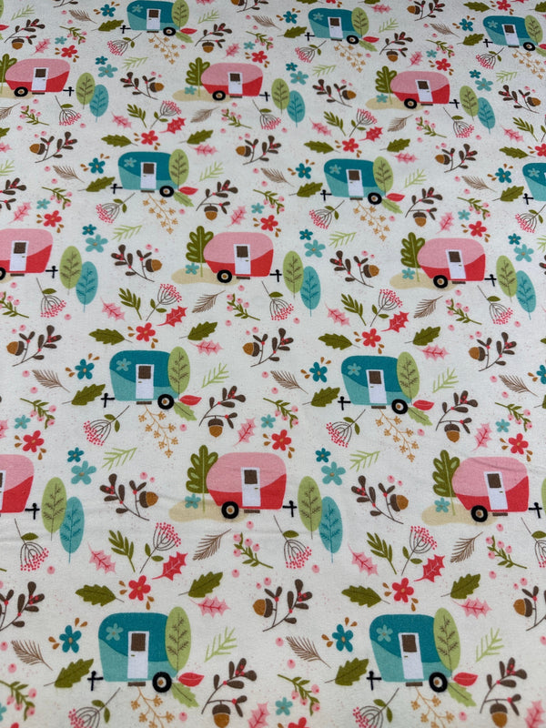 Campers on White Flannel - Cotton Flannel Fabric -  44/45" Wide - 100% Cotton