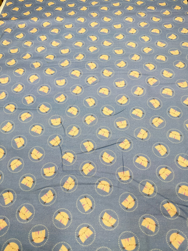 Cat Face on Blue Cotton - Quilting Fabric - 44/45" Wide - 100% Cotton - Sec 2