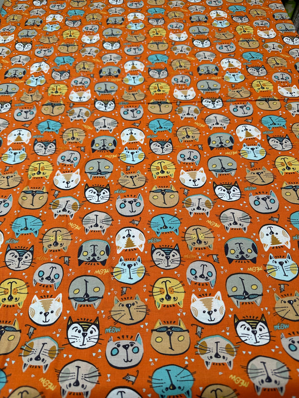 Cat Faces on Orange Cotton - 44/45" Wide - 100% Cotton sec ST