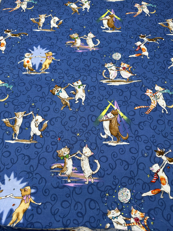 Dancing Cats on Blue Cotton - 44/45" Wide - 100% Cotton sec ST