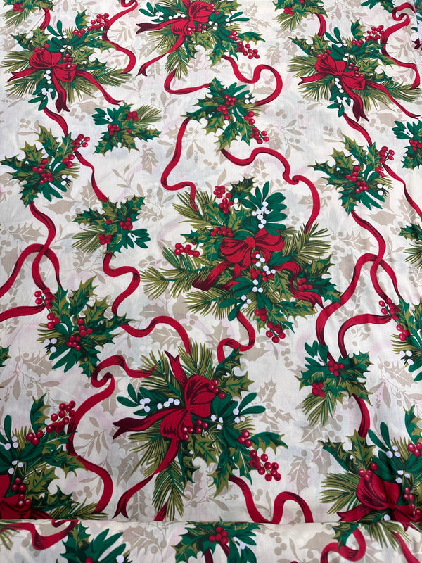 Christmas Fabric - Hollies & Ribbon - 60" Wide - 65% Polyester - 35% Cotton