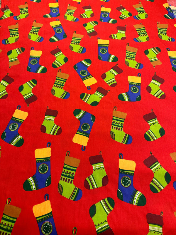 Christmas Fabric - Stockings on Red Poly/Cotton - 60" Wide - 65% Polyester - 35% Cotton