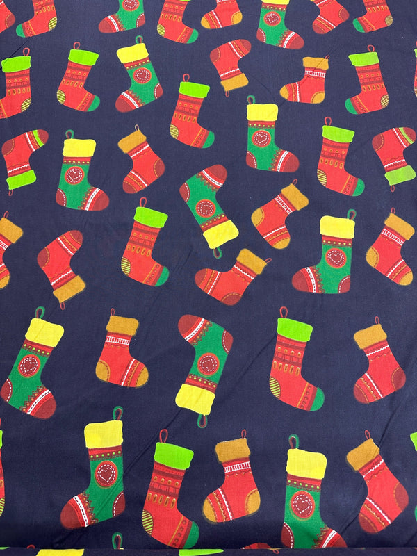 Christmas Fabric - Stockings on Navy Blue Poly/Cotton - 60" Wide - 65% Polyester - 35% Cotton