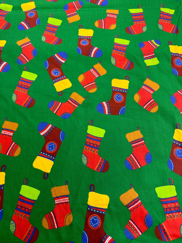 Christmas Fabric - Stockings on Green Poly/Cotton - 60" Wide - 65% Polyester - 35% Cotton