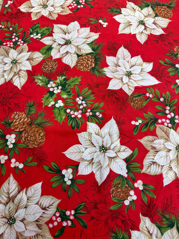 Christmas Fabric - White Poinsettia on Red Poly/Cotton - 60" Wide - 65% Polyester - 35% Cotton