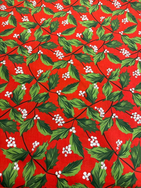 Christmas Fabric - Holly on Red Poly/Cotton - 60" Wide - 65% Polyester - 35% Cotton