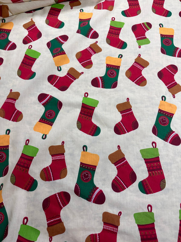 Christmas Fabric - Stockings on White Poly/Cotton - 60" Wide - 65% Polyester - 35% Cotton