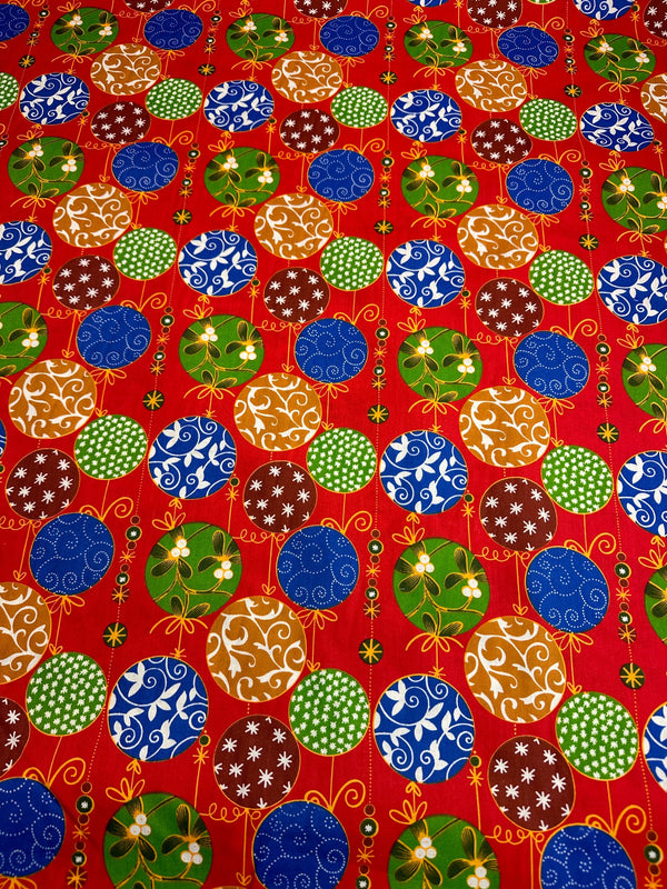 Christmas Fabric - Ornament Balls on Red Poly/Cotton - 60" Wide - 65% Polyester - 35% Cotton