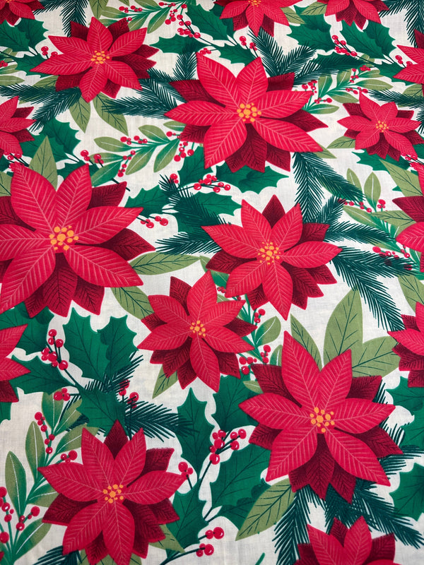 Christmas Fabric - Red Poinsettia on White Poly/Cotton - 60" Wide - 65% Polyester - 35% Cotton