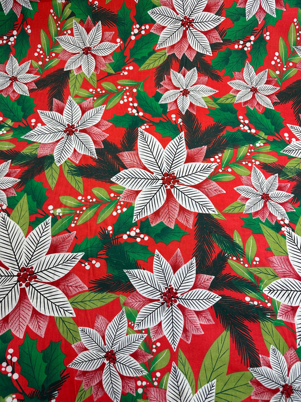 Christmas Fabric - White Poinsettia on Red Poly/Cotton - 60" Wide - 65% Polyester - 35% Cotton