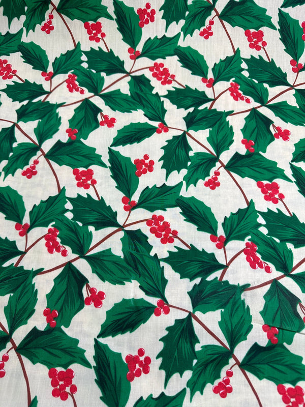 Christmas Fabric - Hollies on White Poly/Cotton - 60" Wide - 65% Polyester - 35% Cotton