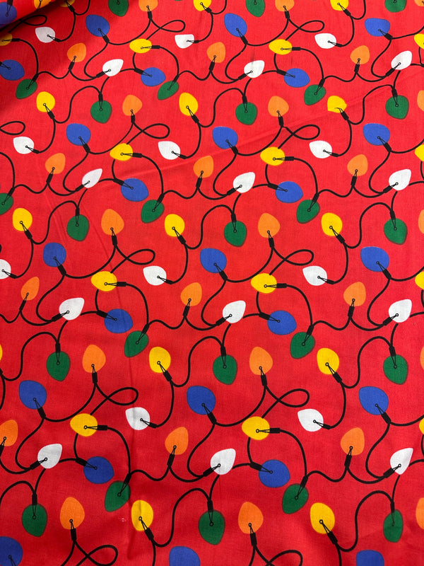 Christmas Fabric - Christmas Lights on Red Poly/Cotton - 60" Wide - 65% Polyester - 35% Cotton