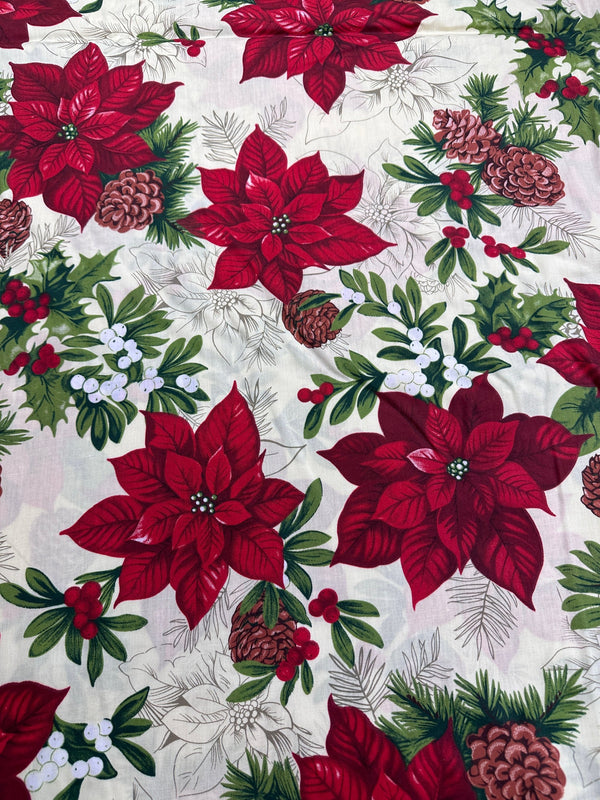 Christmas Fabric - Poinsettia on White Poly/Cotton - 60" Wide - 65% Polyester - 35% Cotton