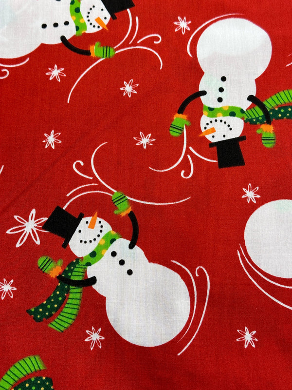 Christmas Fabric - Snowman on Red Poly/Cotton - 60" Wide - 65% Polyester - 35% Cotton