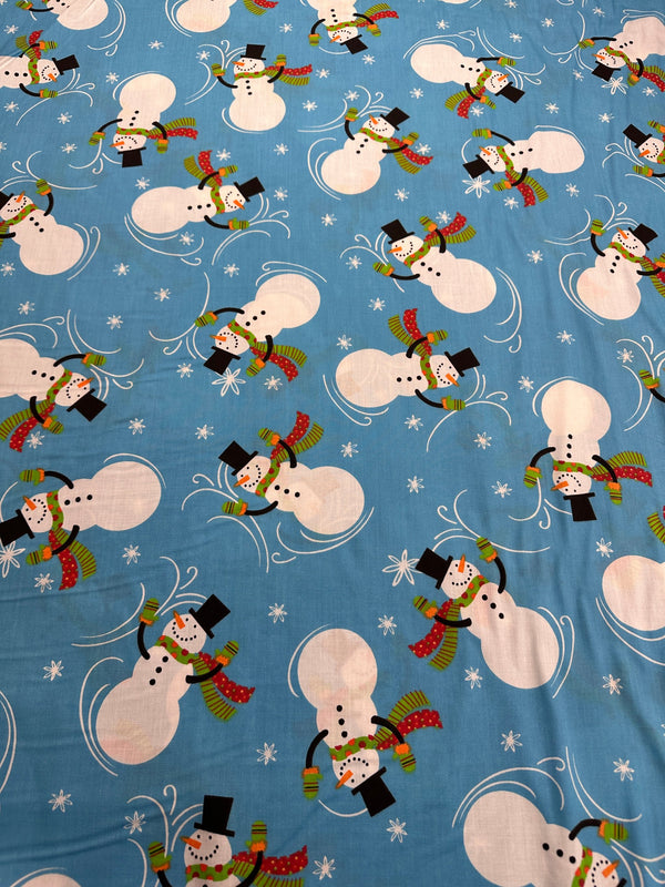 Christmas Fabric - Snowman on Blue Poly/Cotton - 60" Wide - 65% Polyester - 35% Cotton