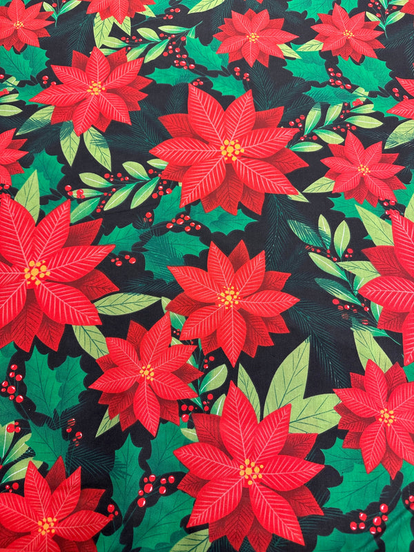 Christmas Fabric - Red Poinsettia on Black Poly/Cotton - 60" Wide - 65% Polyester - 35% Cotton