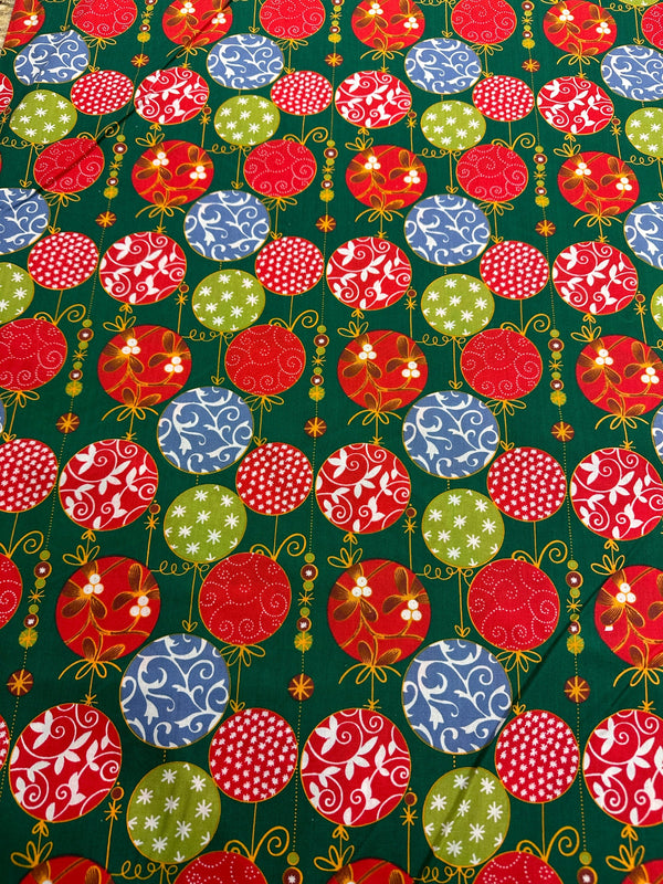 Christmas Fabric - Ornaments Balls on Green Poly/Cotton - 60" Wide - 65% Polyester - 35% Cotton