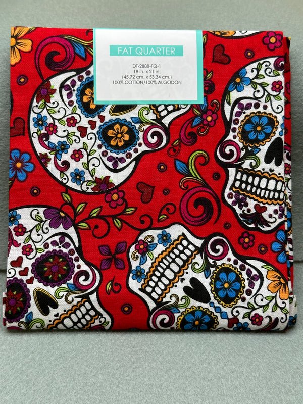 Fat Quarter - Day of the Dead on Red Cotton - 18 in. x 21 in.  - 100% Cotton