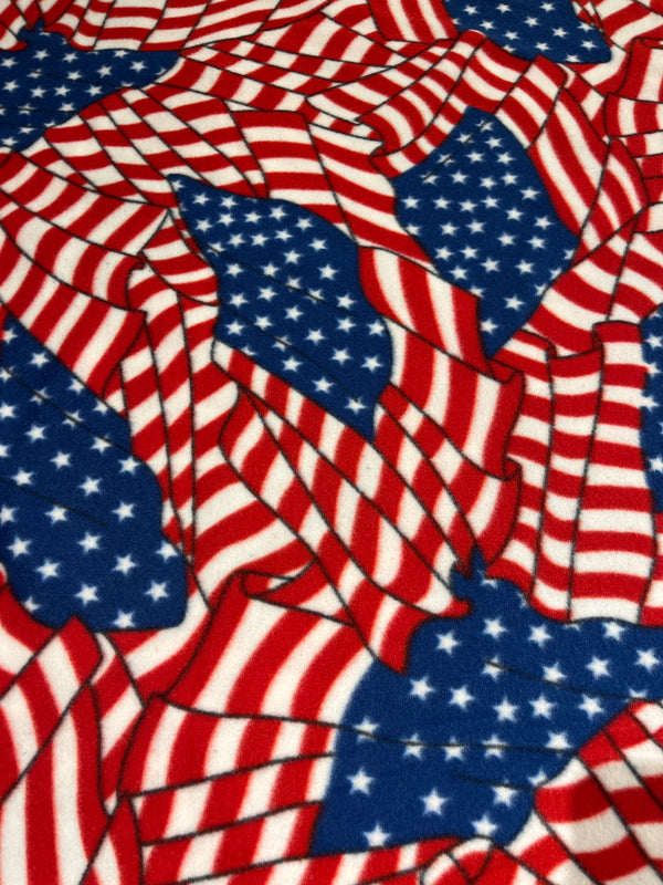 Stars and Stripes forever fleece.   60” wide, 100% polyester fleece and $6.99 per yd.