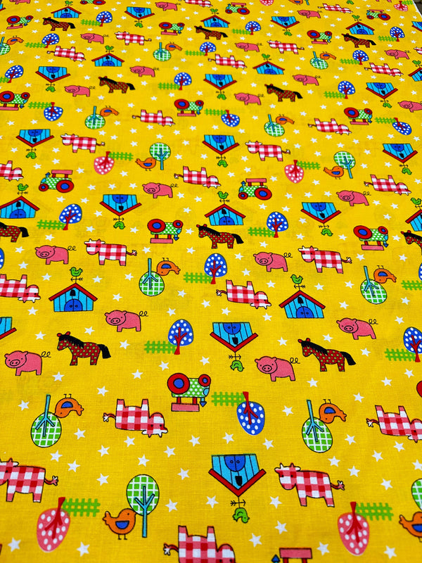 Farm Animals on Yellow Cotton - Quilting Fabric - 44/45" Wide - 100% Cotton - Sec 2