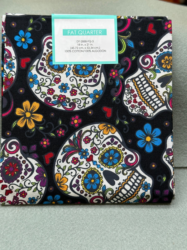 Fat Quarter - Day of the Dead on Black Cotton - 18 in. x 21 in.  - 100% Cotton