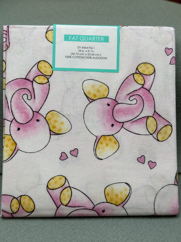 Fat Quarter - Pink Elephants - 18 in. x 21 in.  - 100% Cotton