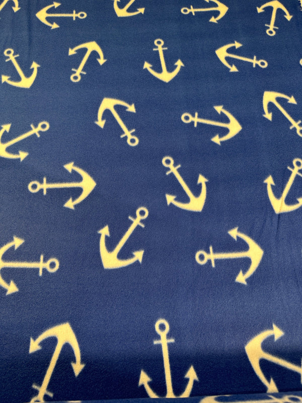 Anchors on Blue Fleece Fabric - 58/60" Wide