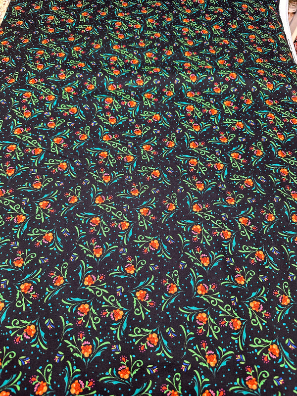 Orange Flowers on Black Cotton Fabric - 44/45" Wide - 100% Cotton - sec5