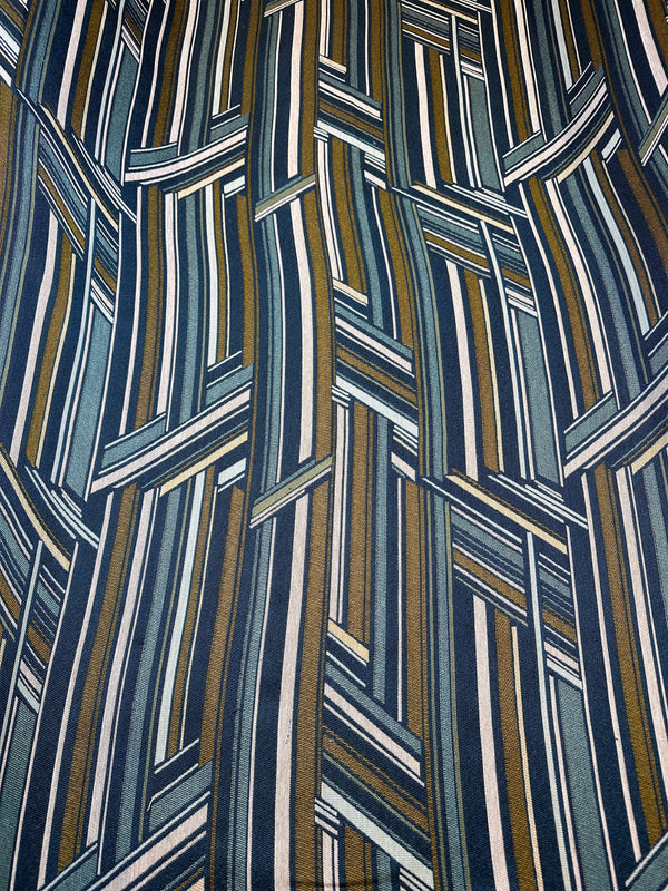 Geometric Blue Tan White Upholstery Fabric - 56" Wide