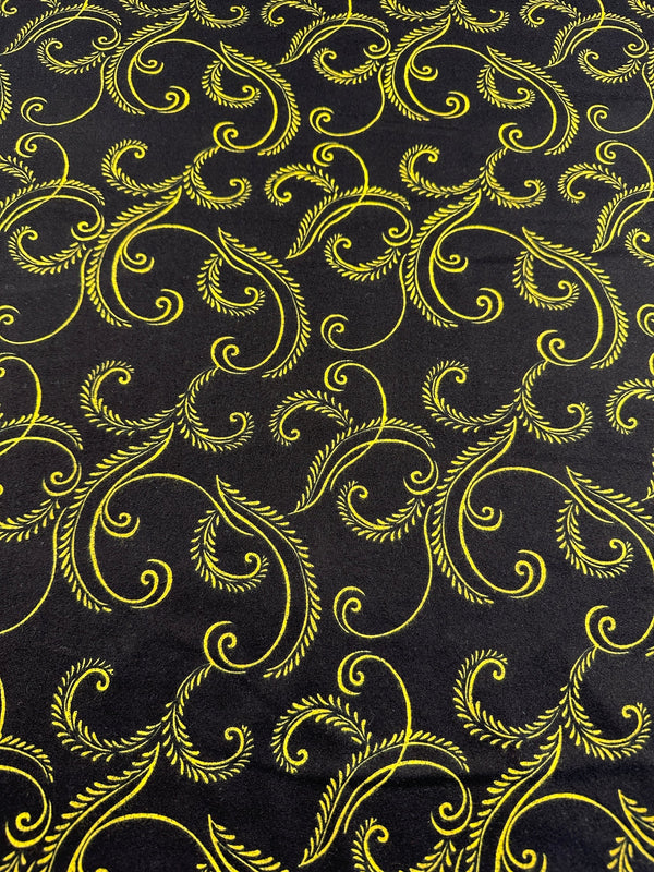 Gold Ferns on Black Flannel - Cotton Flannel Fabric -  44/45" Wide - 100% Cotton