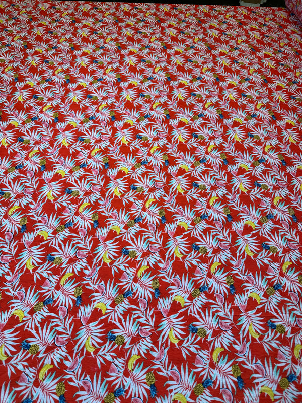 Hawaiian Shirt, Pineapple, Banana, Watermelon on Red Polyester Fashion Fabric - 58/60" Wide
