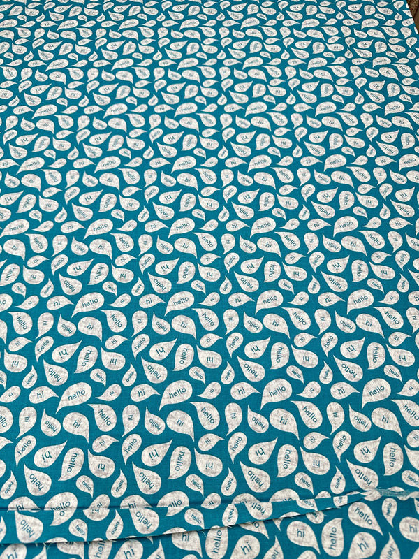 Hello Word Bubble on Teal Cotton - 44/45" Wide - 100% Cotton sec ST