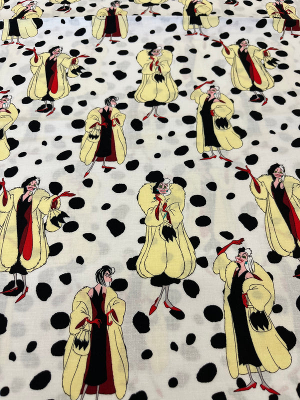 Cruella polka dot by Spring creative.  100% cotton, 4.99 per yd, 44” wide, white background.