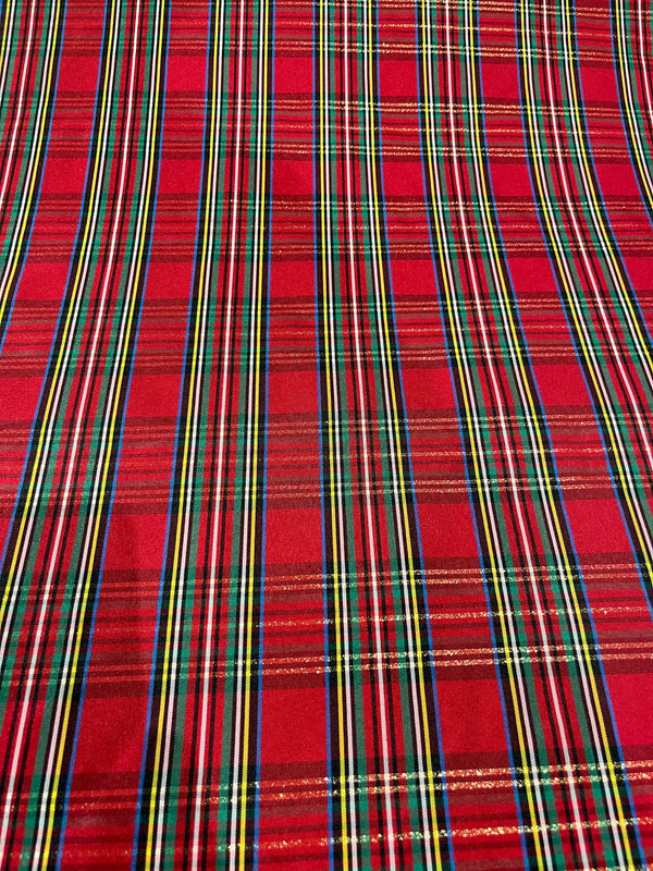 Christmas taffeta-red chhristmas plaid with gold threads.   60” wide, 100% polyester and $9.99 per yard.