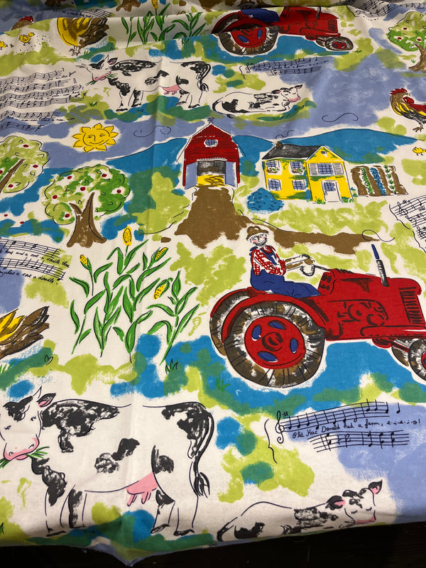 Old Macdonald flannel.   Blue farm scene with a 25” repeat.  100% cotton, 44” wide and $4.99 per yd.